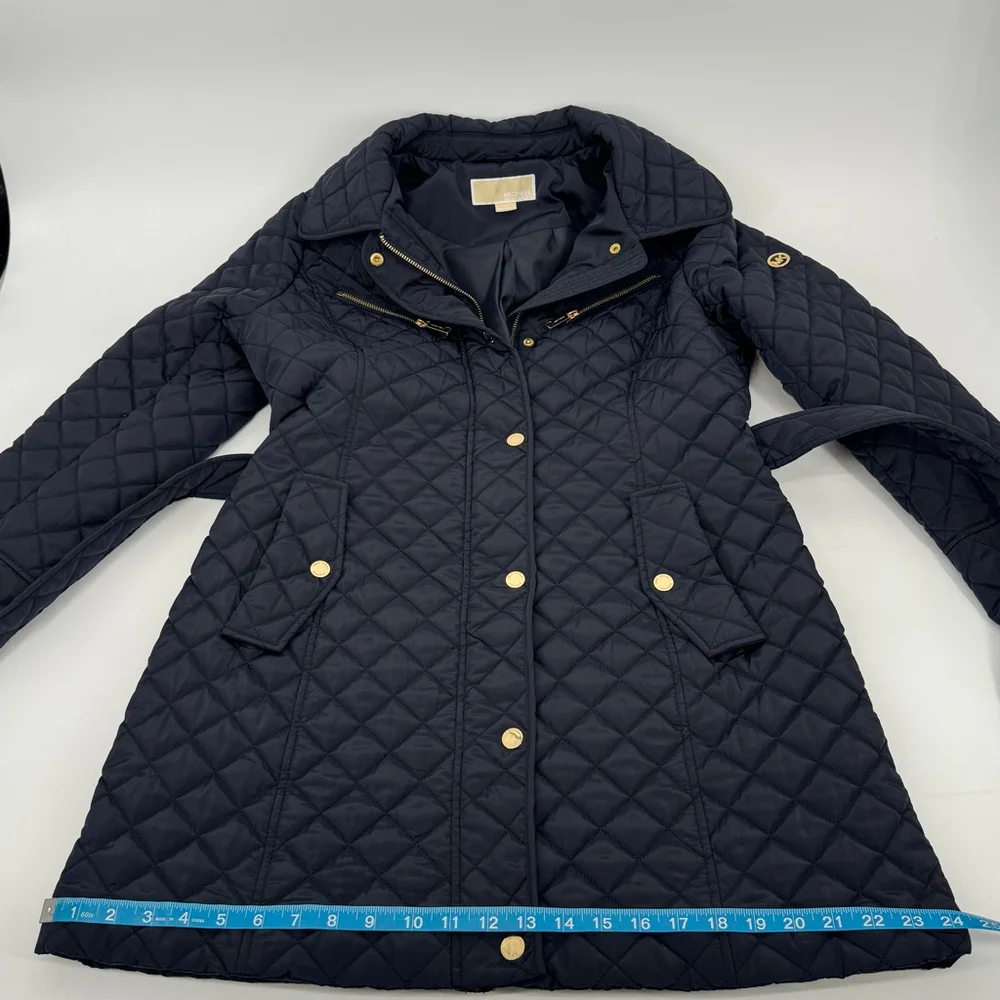 Michael Kors Quilted Belted Jacket L Navy with Gold Hardware